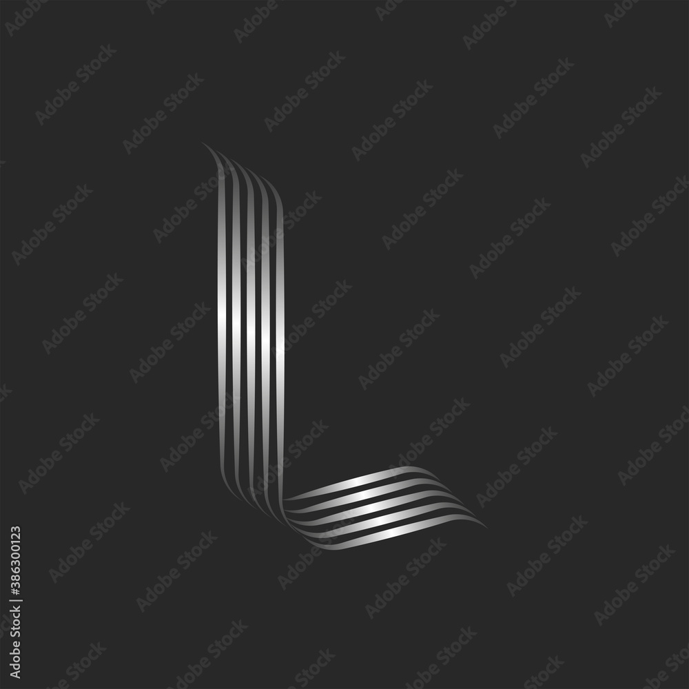 Letter L logo monogram initial inspiration, minimal style with smooth curls, overlapping silver gradient stripes from sleek parallel thin lines, stylish rounded decoration calligraphic element Letter L logo monogram initial inspiration, minimal style with smooth curls, overlapping silver gradient stripes from sleek parallel thin lines, stylish rounded decoration calligraphic element