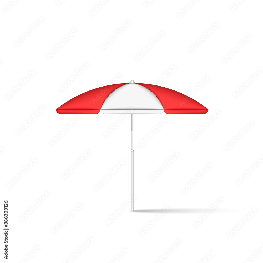 Beach umbrella realistic 3d model isolated on white, vector illustration, open parasol with striped red-white canopy protecting from sunlight.