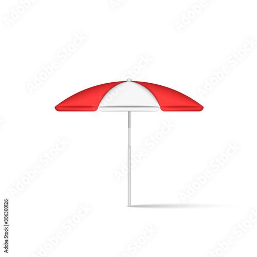 Beach umbrella realistic 3d model isolated on white, vector illustration, open parasol with striped red-white canopy protecting from sunlight.