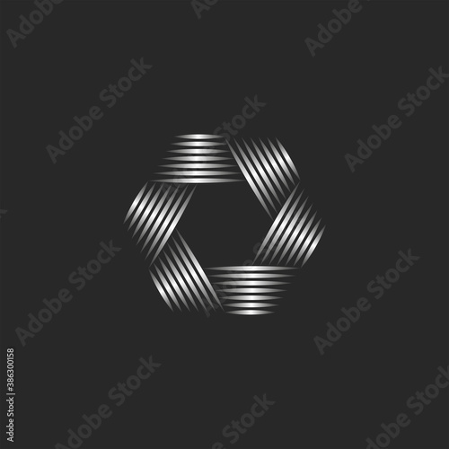 Photographer logo abstract lens aperture hexagon shape, creative emblem for photo studio, visual effect from metallic gradient lines.