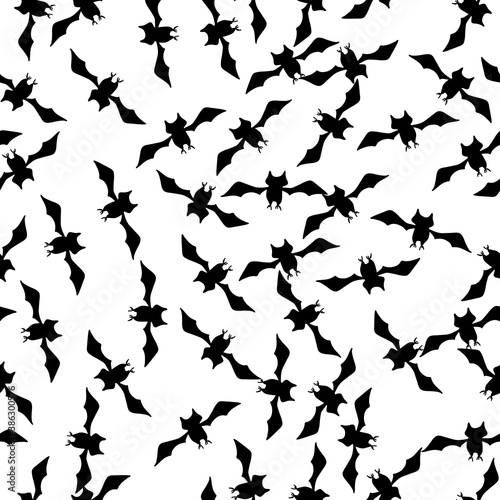 Batty swarm of bats in flight seamless vector repeat black bats on a white background surface pattern design