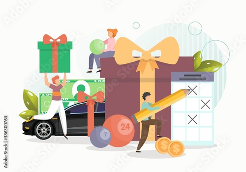People playing lottery games, winning prizes, flat vector illustration. Lottery gambling, Prize draw.