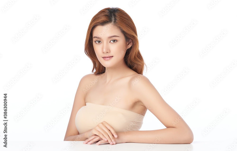 Fototapeta premium Beautiful young asian woman with clean fresh skin on white background, Face care, Facial treatment, Cosmetology, beauty and spa, Asian women portrait