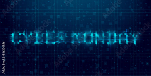 Cyber Monday futuristic cyberpunk glitch banner. Blue glowing digital cyber Monday inscription. 8 bit title. Design for a promo event. Vector