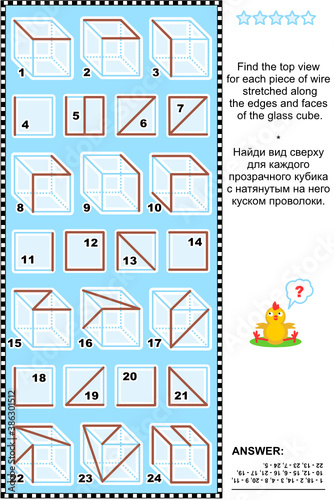 Visual math puzzle: Find the top view for each piece of wire stretched along the edges and faces of the glass cubes. Answer included.