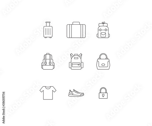 Luggage, wearable, usable icon set. Backpack, suitcase, school bag, purse, bag, minimal vector illustrations. Minimal outline stroke icon set for websites.	