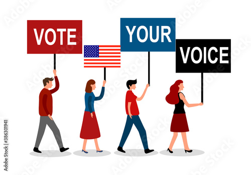 People walking and holding sign of text vote your voice for America president election campaign. Election Day in the country. Voting flat vector illustration.