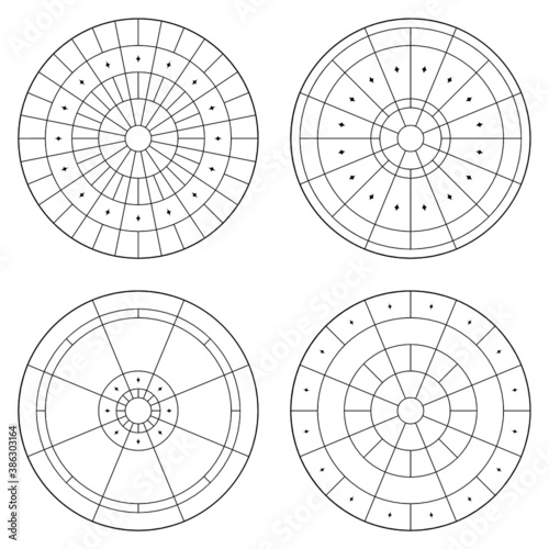 Abstract circus radial pattern flooring. Set of circular tiles in vector. Symmetrical mosaic tiles tiles with texture. Diamond shape tiles detail.