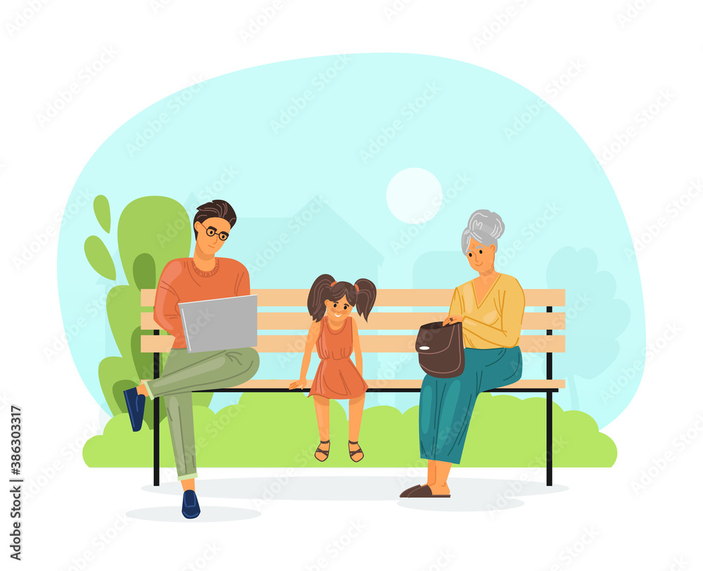 People walking in city park on summer street. Young man works at laptop, little girl in sundress, elderly woman with handbag, sit on bench rest relax. Vector flat People walking in city park on summer street. Young man works at laptop, little girl in sundress, elderly woman with handbag, sit on bench rest relax. Vector flat