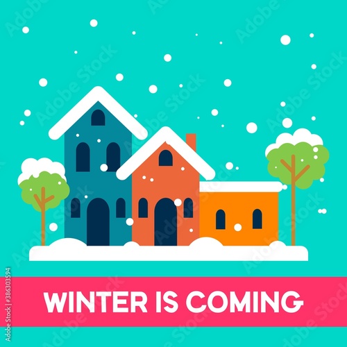 Vector Flat House and Tree with Snowfall in Winter Season. Illustration of Winter is Coming in Flat Style Design