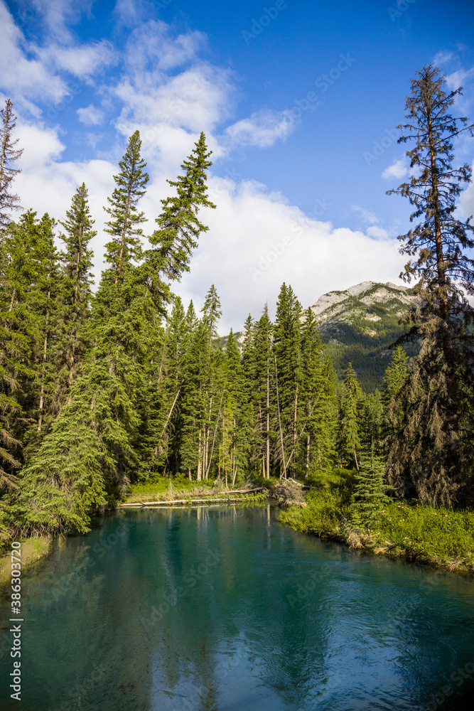 Nature vertical wallpapers - Mountain forest, blue water river, cloudy sky. Banff National park, Canada
