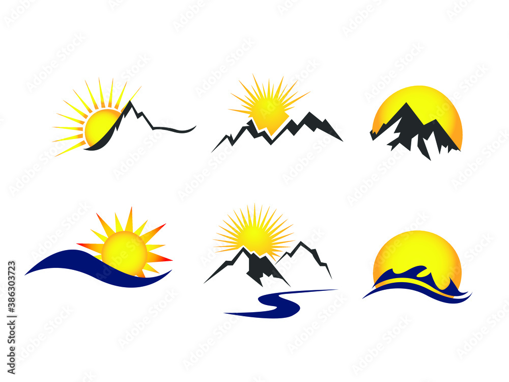 Sun Icon Vector illustration. Sunrise, sun, sunshine, sunset, moon symbol. mountain sunrise sign, emblem isolated on white background, Flat style for graphic and web design, logo. EPS10