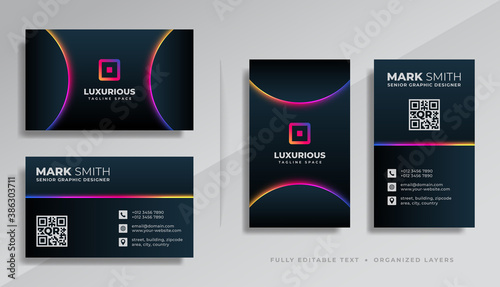 Modern professional luxurious business card template design with colorful glow light effect