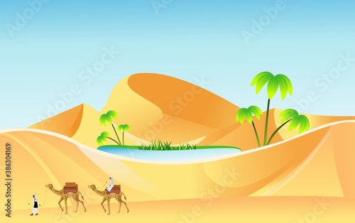 Caravan of camels walks in the desert, among sands, oasis vector illustration.