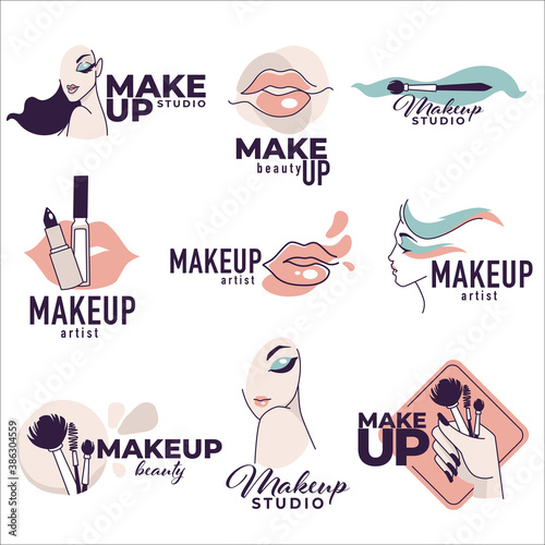 Makeup salon for females, beauty visage studio emblems