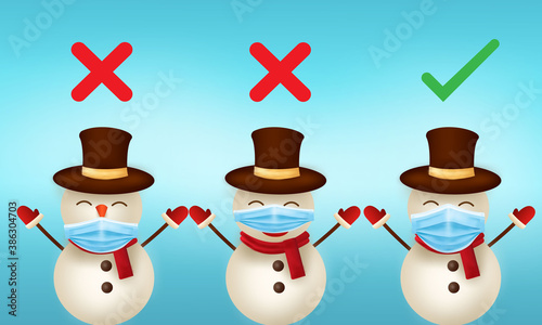 Merry Christmas and happy new year. Snowman with surgical mask. There’re three Snowman showing how to wearing protective mask correctly. The first and the second are wrong the third is right.