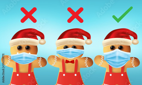 Merry Christmas and happy new year. Gingerbread cookies with surgical mask. There’re three Gingerbread cookies showing how to wearing protective mask correctly. The first and the second are wrong the 
