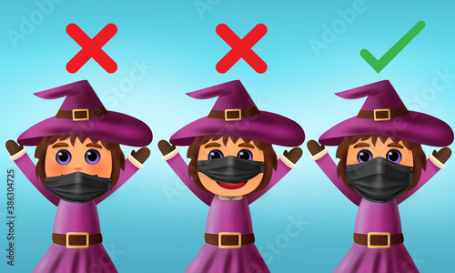 Witch character with surgical mask. There’re three Witch character how to wearing protective mask correctly. The first and the second are wrong the third is right.