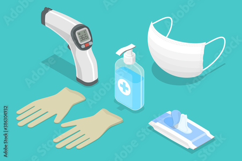 3D Isometric Flat Vector Illustration Covid 19 Minimal Protective Package, Medical Gloves and Mask, Hand Sanitizer, Wet Wipes, PPE - Personal Protective Equipment.