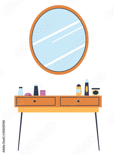 Mirror and table with cosmetic products, bedroom interior