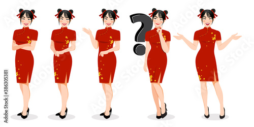 Chinese girl in mandarin gown with Chinese new year festival cartoon character on the white background vector illustration