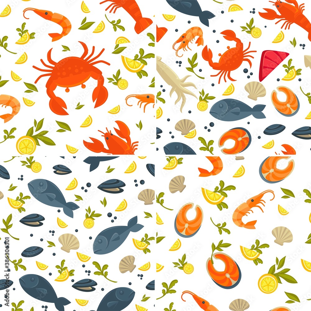 Fototapeta premium Fish and crab seafood seamless patterns lobster and squid