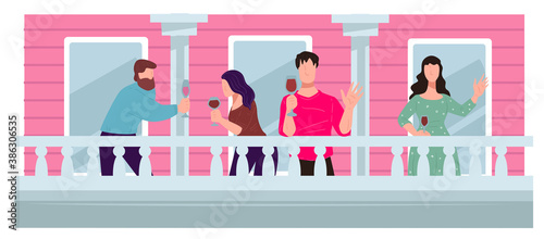 Friends having fun on balcony drinking wine vector