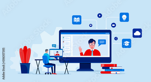 Illustrations flat design online education and learning with video conference and  online meeting working from home concept