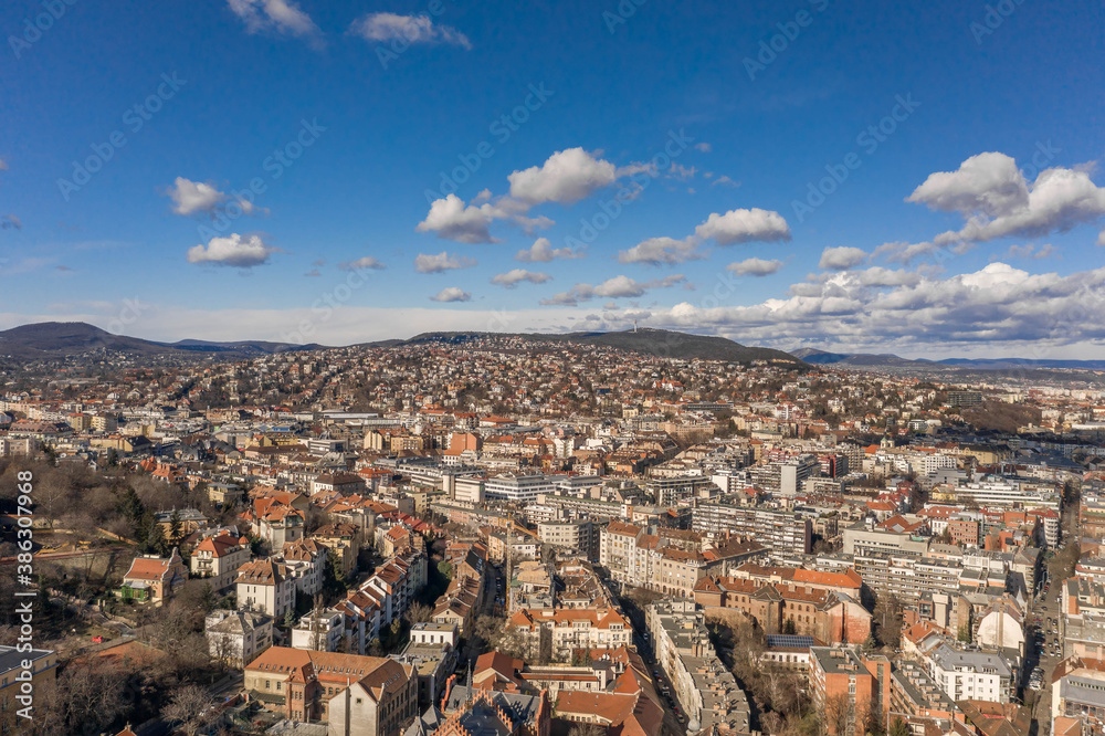 Aerial drone shot of Buda Hill district in Budapest winer morning