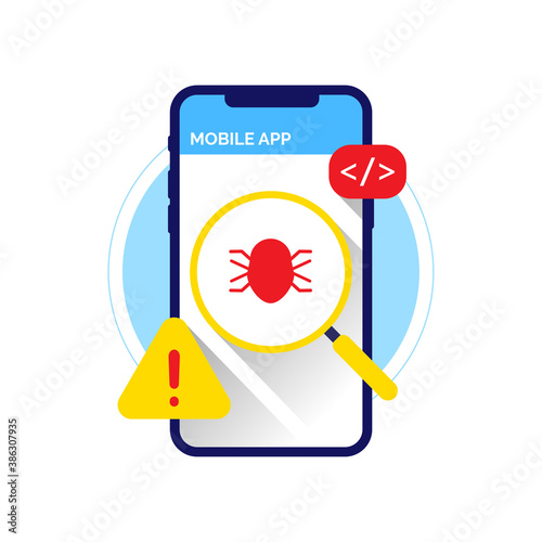 Release beta version. find Bug for Report button on mobile phone device app concept illustration flat design vector. simple, clean and modern style