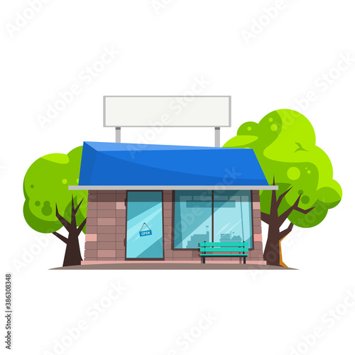 Shop building cartoon vector illustration with blank space banner