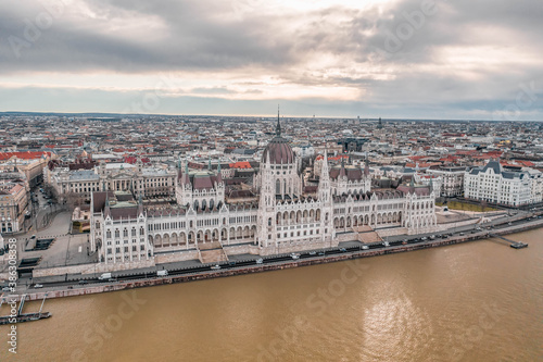 High angle aerial drone view of Hungarian Parliament in Budapest winter morning © Davidzfr