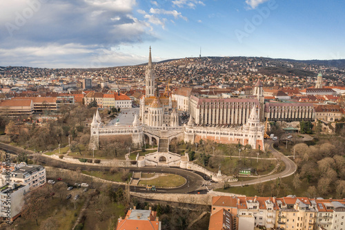 Aerial drone close-up of Matthias Church on Fisherman Bastion in Budapest winter morning