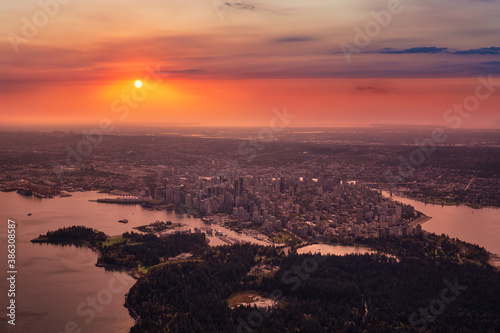 Downtown Vancouver, British Columbia, Canada. Aerial View of the Modern Urban City, Stanley Park, Harbour and Port. Viewed from Airplane Above. Colorful Sunrise Artistic Render © edb3_16