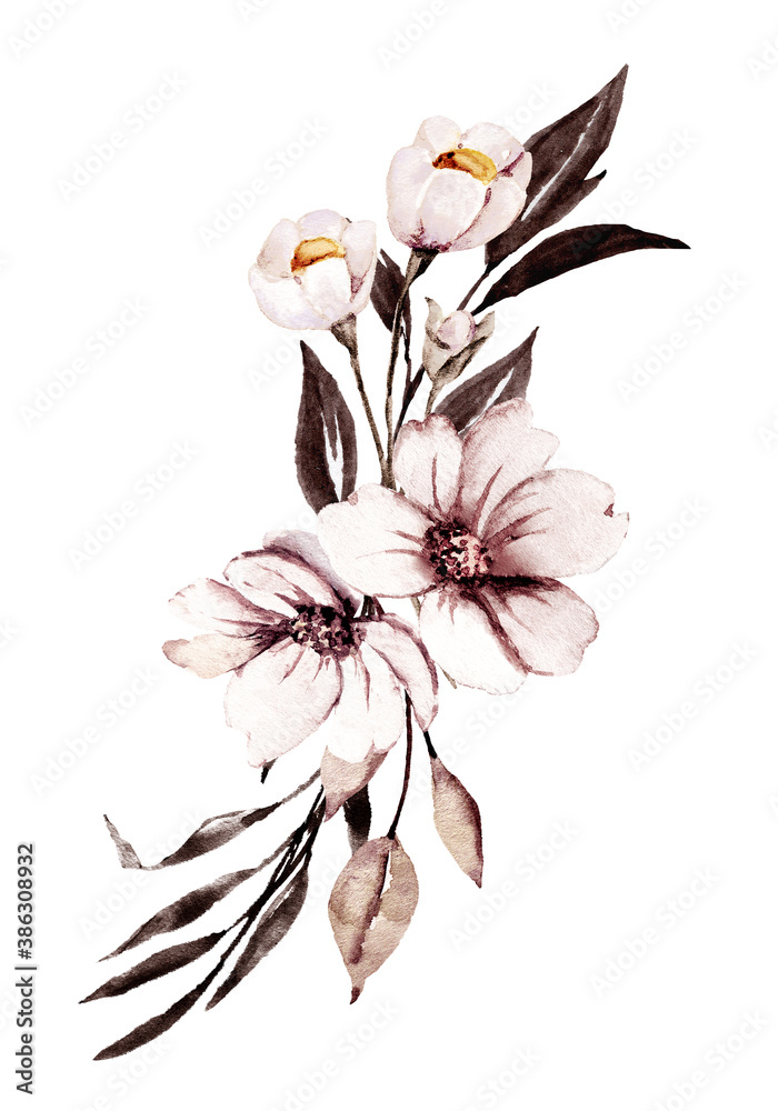 Flowers watercolor, floral beige and brown illustration. Perfectly for print on greeting card, wedding invitation, poster. Hand drawing. Vintage composition isolated on white.
