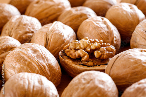 shelled walnut between walnuts in shell background pattern