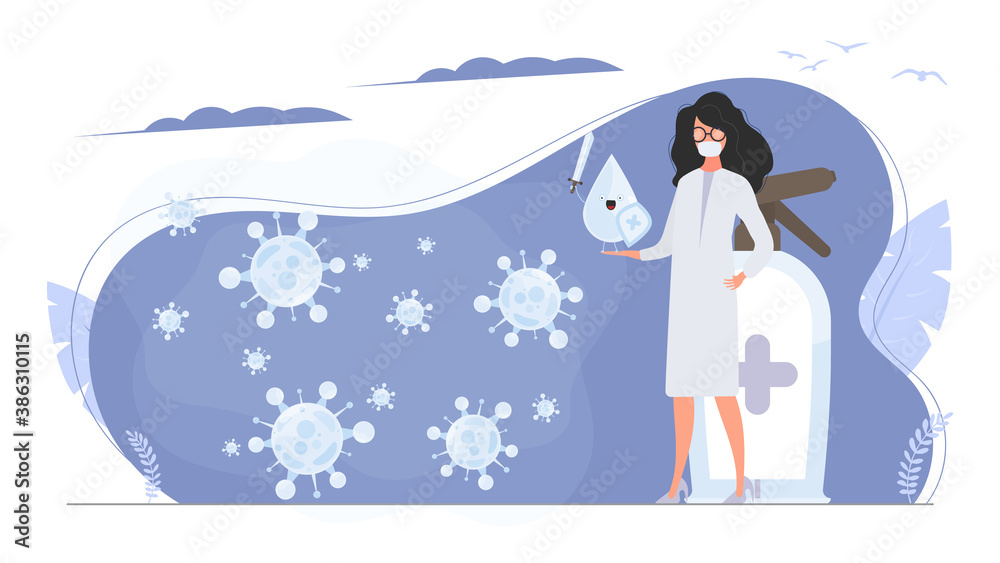 Obraz premium Girl doctor holds a sanitizer in her hands. Medical woman in a white coat. A drop with a sword and shield surrounded by virus molecules. Disinfectant in flat style. 