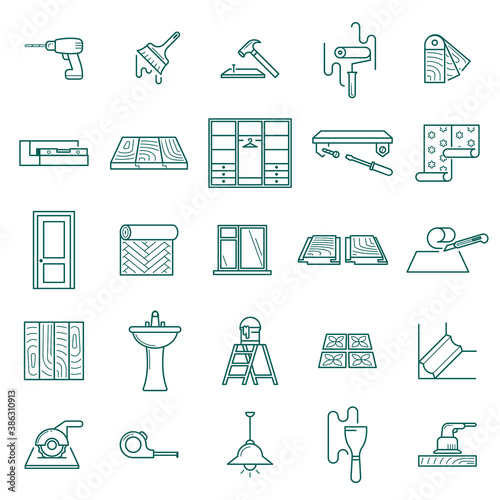 Hand drawn home renovation icons set. Screwdriver screwing window cleaning wallpapering and installing laminate flooring polishing wooden floors laying tiles sawing tiles size. Icon vector art.