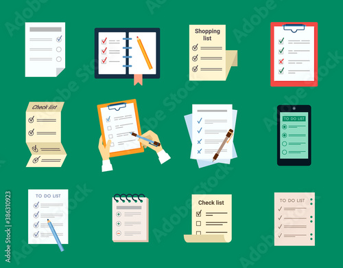 Checklist test to do set. Document questionnaire with brochure with choice of wishes notes and reminders in electronic form and paper with pencil important checkmarks answers. Cartoon vector style