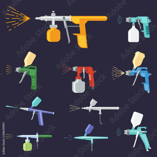 Paint sprayers set. Airbrushing yellow pistols red pulverizers with nozzles industrial and artistic painting compressor spraying green paint elements design decoration apartments cars. Vector art.