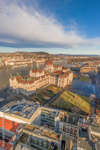 Aerial view of Kossuth Lajos Square by Hungarian Parliament in Budapest morning glow