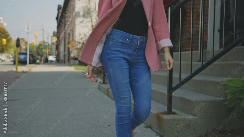 Gorgeous Female Caucasian Model Showing A Runway Walk In Her Blue Fitted Jeans - Slow Motion Gorgeous Female Caucasian Model Showing A Runway Walk In Her Blue Fitted Jeans - Slow Motion