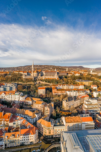 Aerial drone shot of Fisherman's Bastion in Budapest morning sun glow in winter