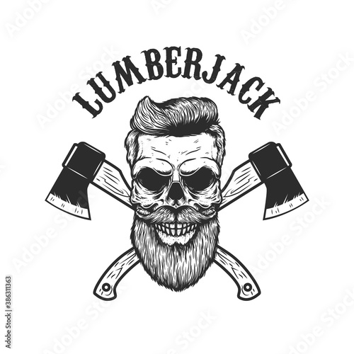 Lumberjack skull with crossed axes. Design element for poster,card, banner, sign, emblem. Vector illustration