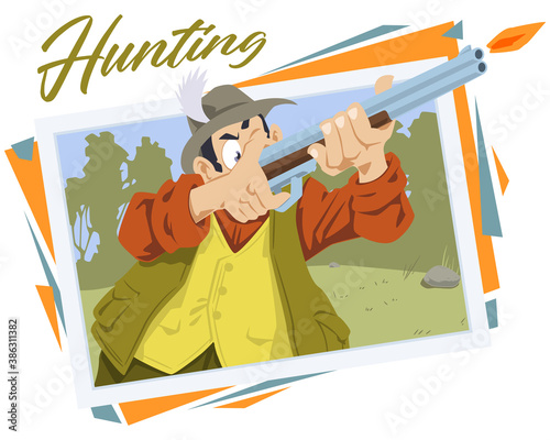 Hunter in forest. Man on hunt with hunting rifle.