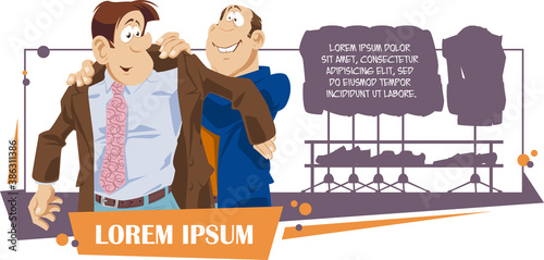 Fitting in atelier. Businessman trying on suit. Man helps to dress friend.