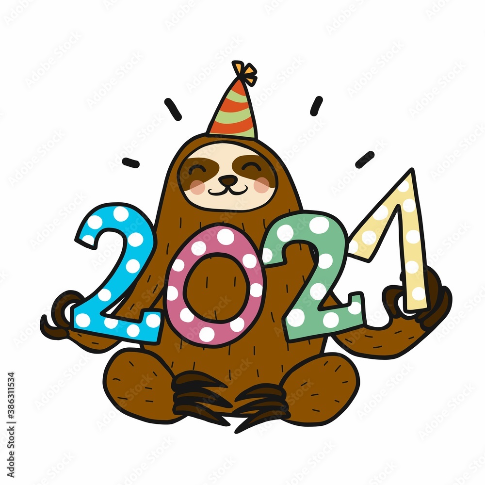 Fototapeta premium 2021 Sloth celebrating new year cartoon vector illustration