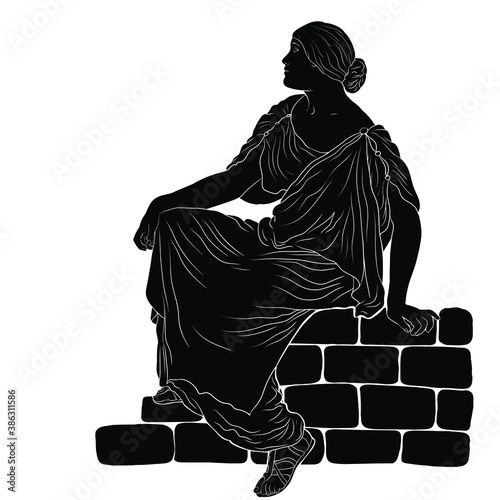 A young slender woman in an ancient Greek tunic and sandals sits on a stone parapet and looks up. Silhouette isolated on a white background.