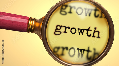 Examine and study growth, showed as a magnify glass and word growth to symbolize process of analyzing, exploring, learning and taking a closer look at growth, 3d illustration