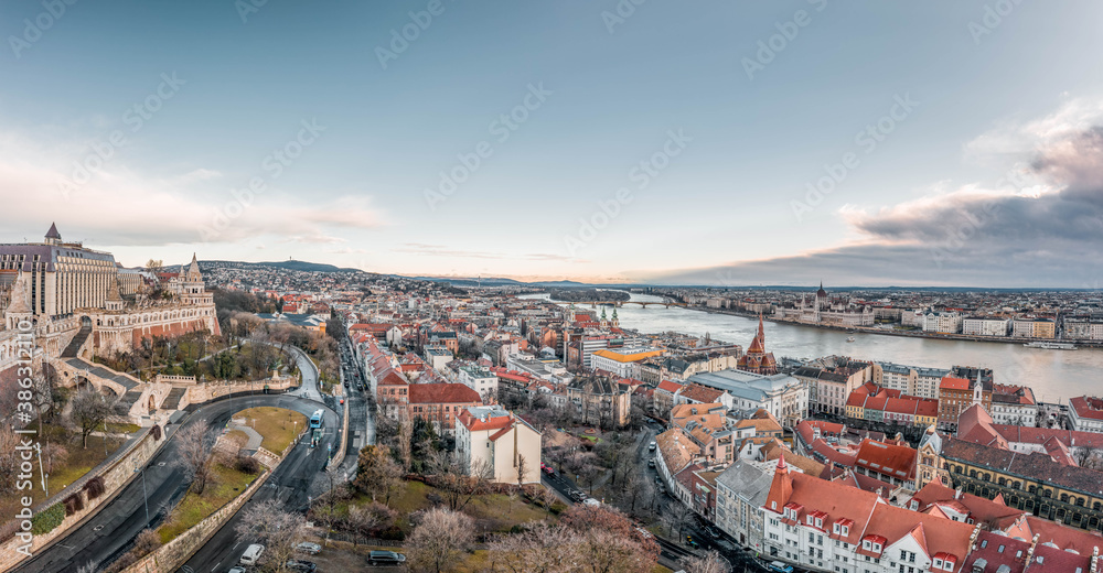 Aerial Panoramic drone shot of Matthias Church on Buda hill in Budapest before sunrise in winter Aerial Panoramic drone shot of Matthias Church on Buda hill in Budapest before sunrise in winter